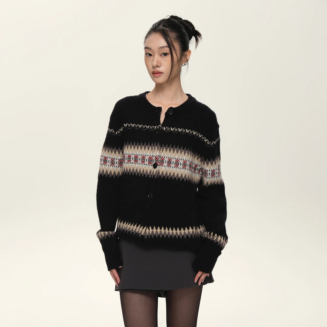 Set for life 24FW30羊毛混纺费尔岛提花针织毛衫双色开衫毛衣