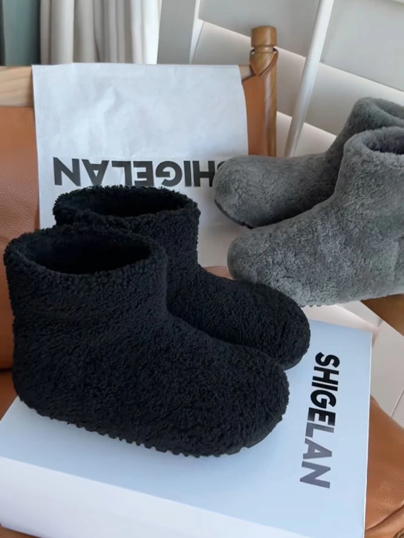 诗歌兰女靴2024冬季款韩版时尚厚底羊羔毛短靴保暖加绒加厚雪地靴