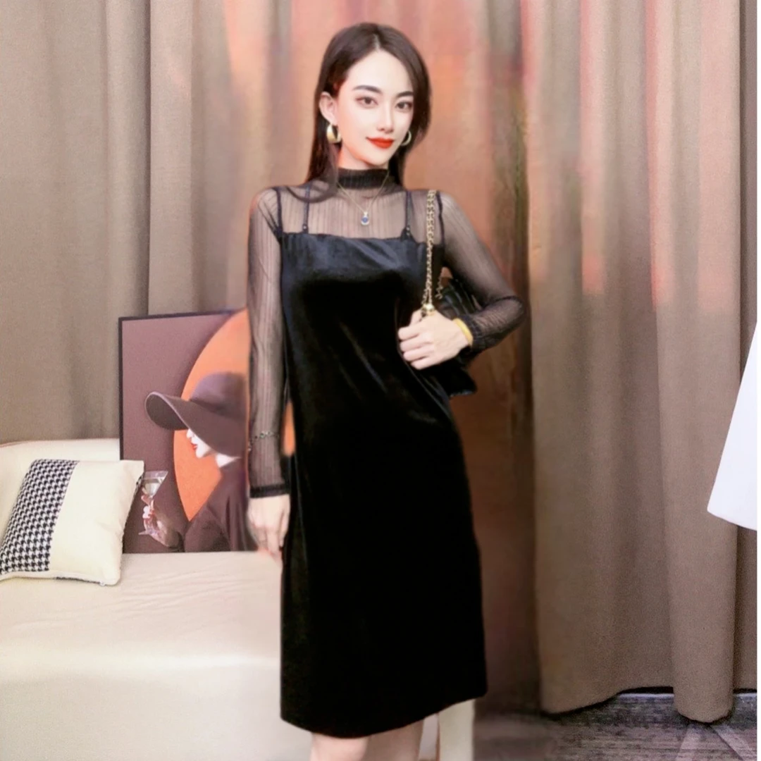 009 新款连衣长裙半高领金丝绒拼接秋冬时尚百搭网纱显瘦修身长裙