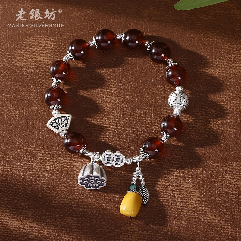 【老银坊】s925银石榴石间珠莲蓬手串 0035756