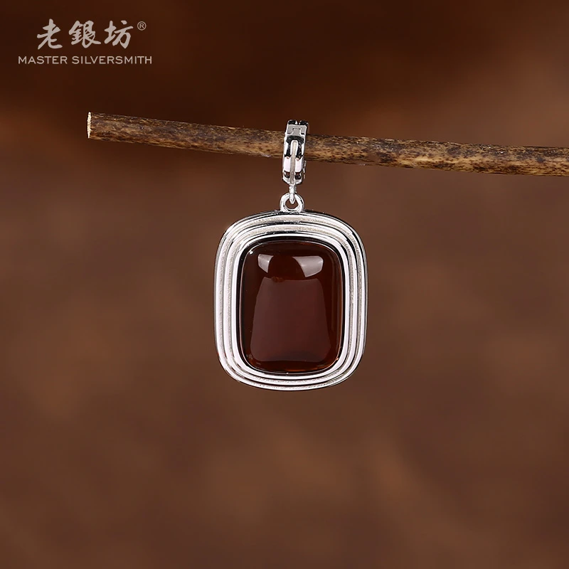 【老银坊】s925银血珀多层方框吊坠 00232175