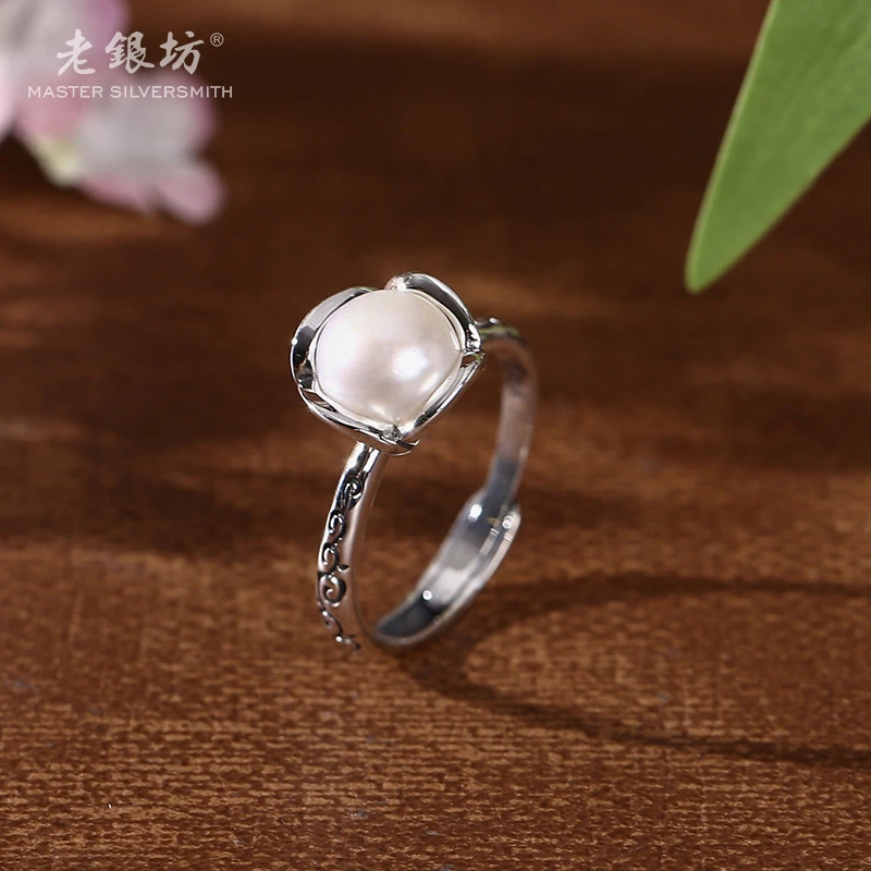 【老银坊】s925银花朵珍珠单戒 00311627
