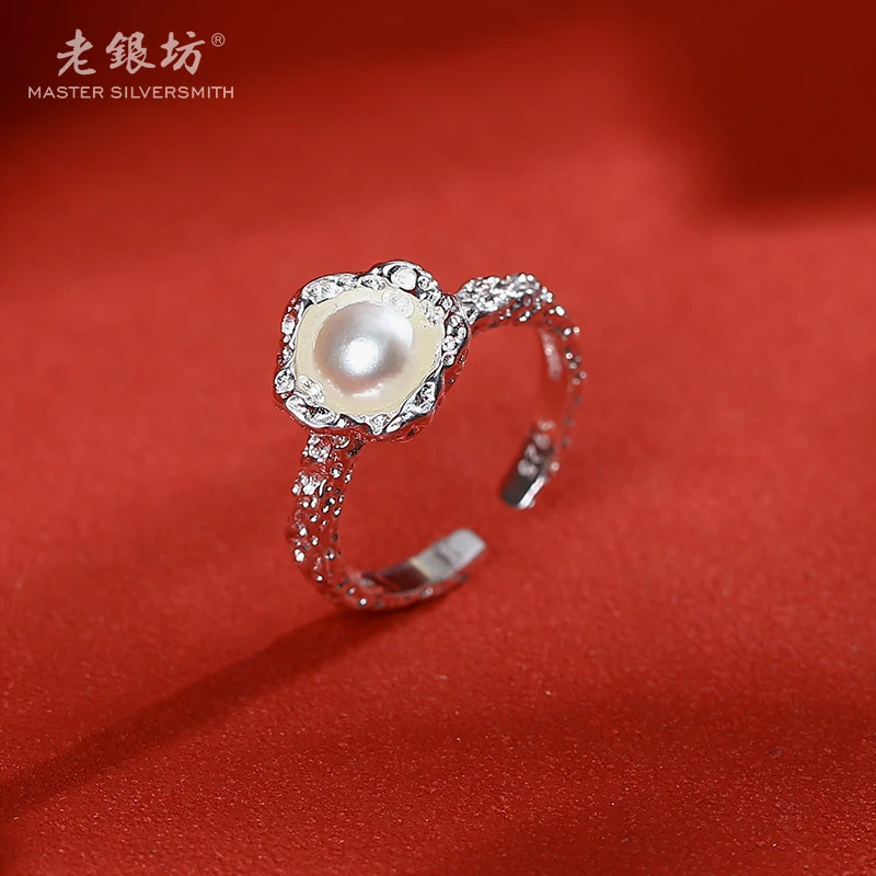 【东哥甄选】s925银时尚锤纹珍珠单戒 00311380