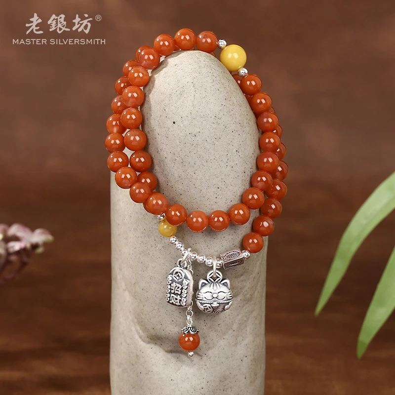 【老银坊】s925银双圈南红招财猫手串 00351397