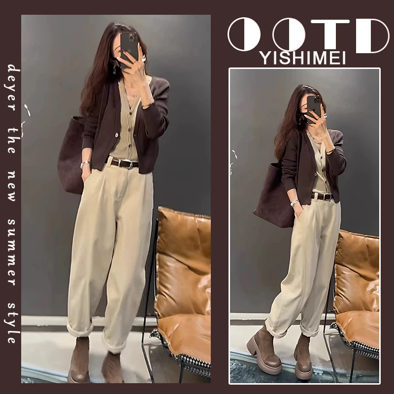 2024秋季穿搭一整套女新款韩版时尚假两件针织上衣休闲裤两件套潮