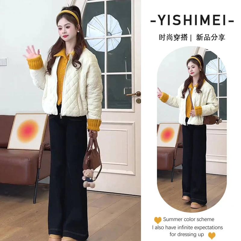 2024秋冬新款韩版时髦减龄针织毛衣保暖棉服外套高腰牛仔裤三件套