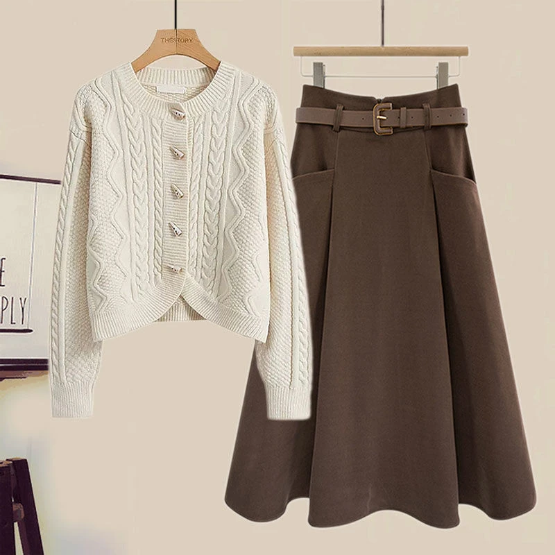 秋季温柔系穿搭女2024新款韩版慵懒风针织毛衣高腰半身裙两件套潮