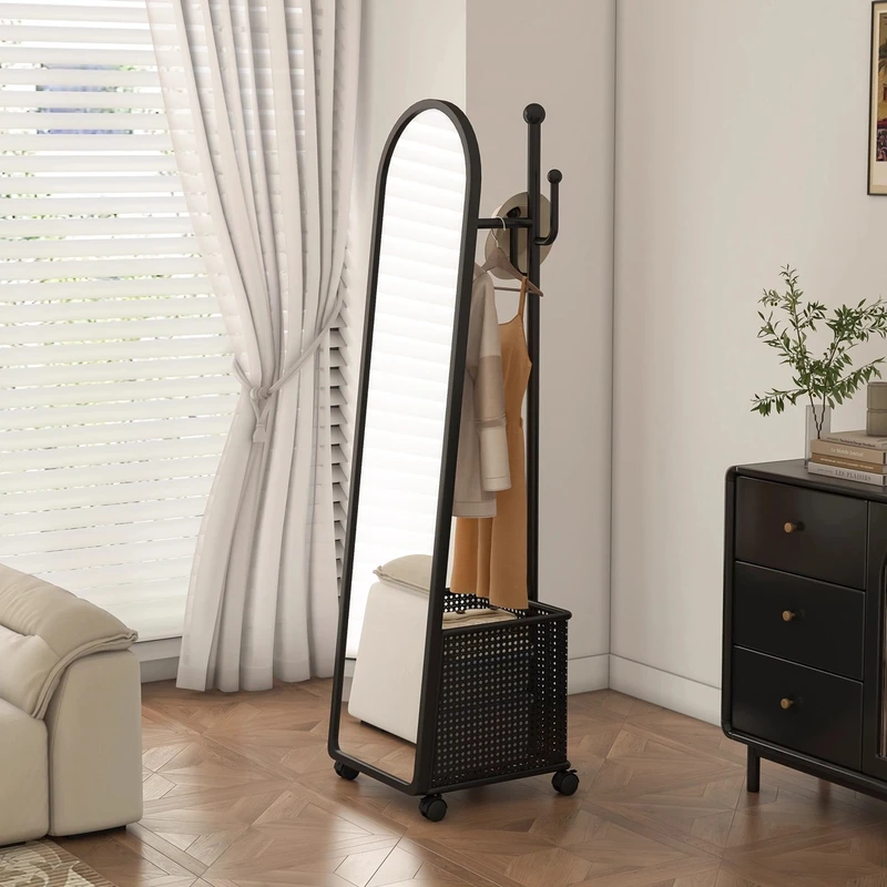 亦克全身镜挂衣架一体收纳落地试衣镜镜子可移动旋转穿衣镜衣帽架