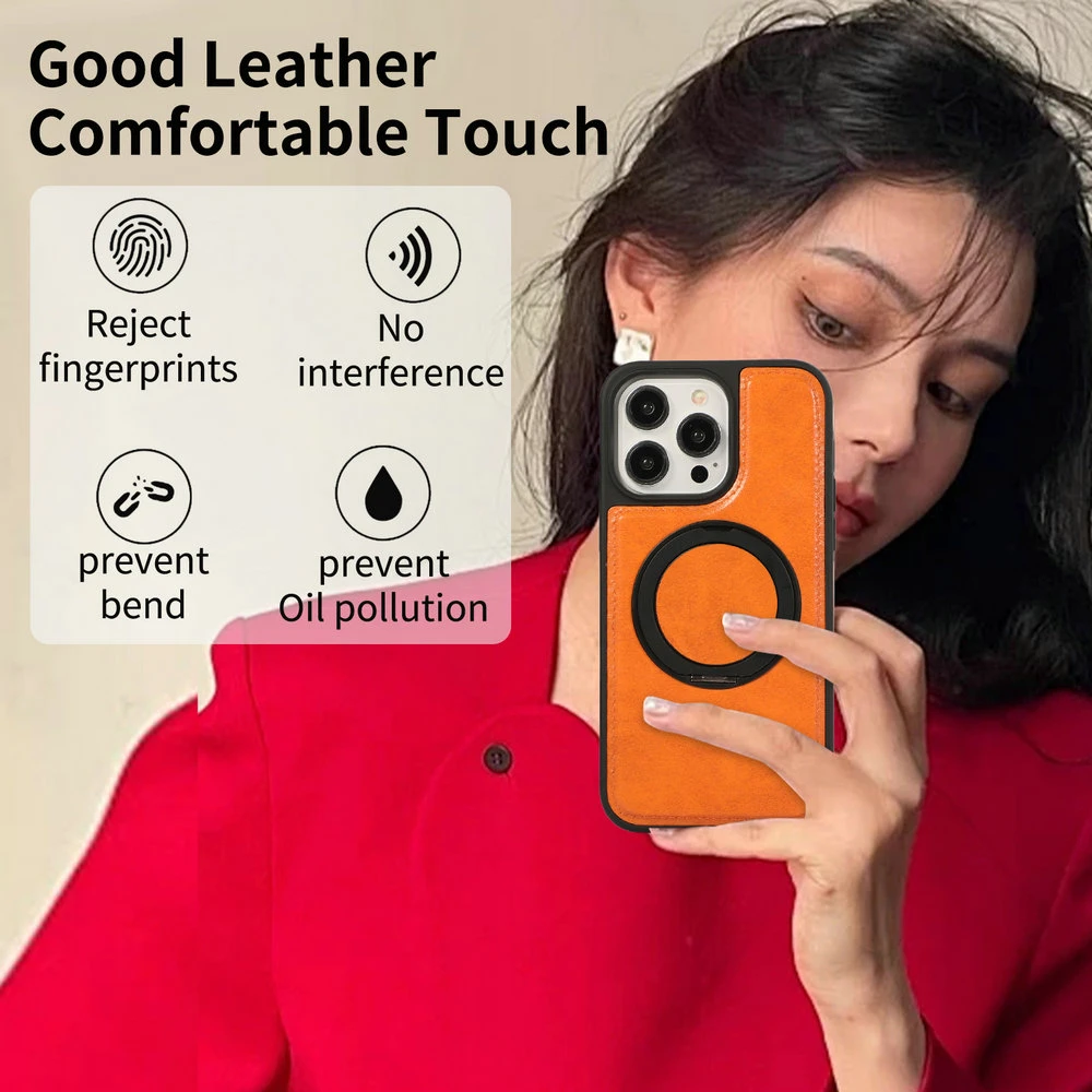 适用苹果15promax手机壳套 iphone14磁吸充电后壳360旋转支架皮纹