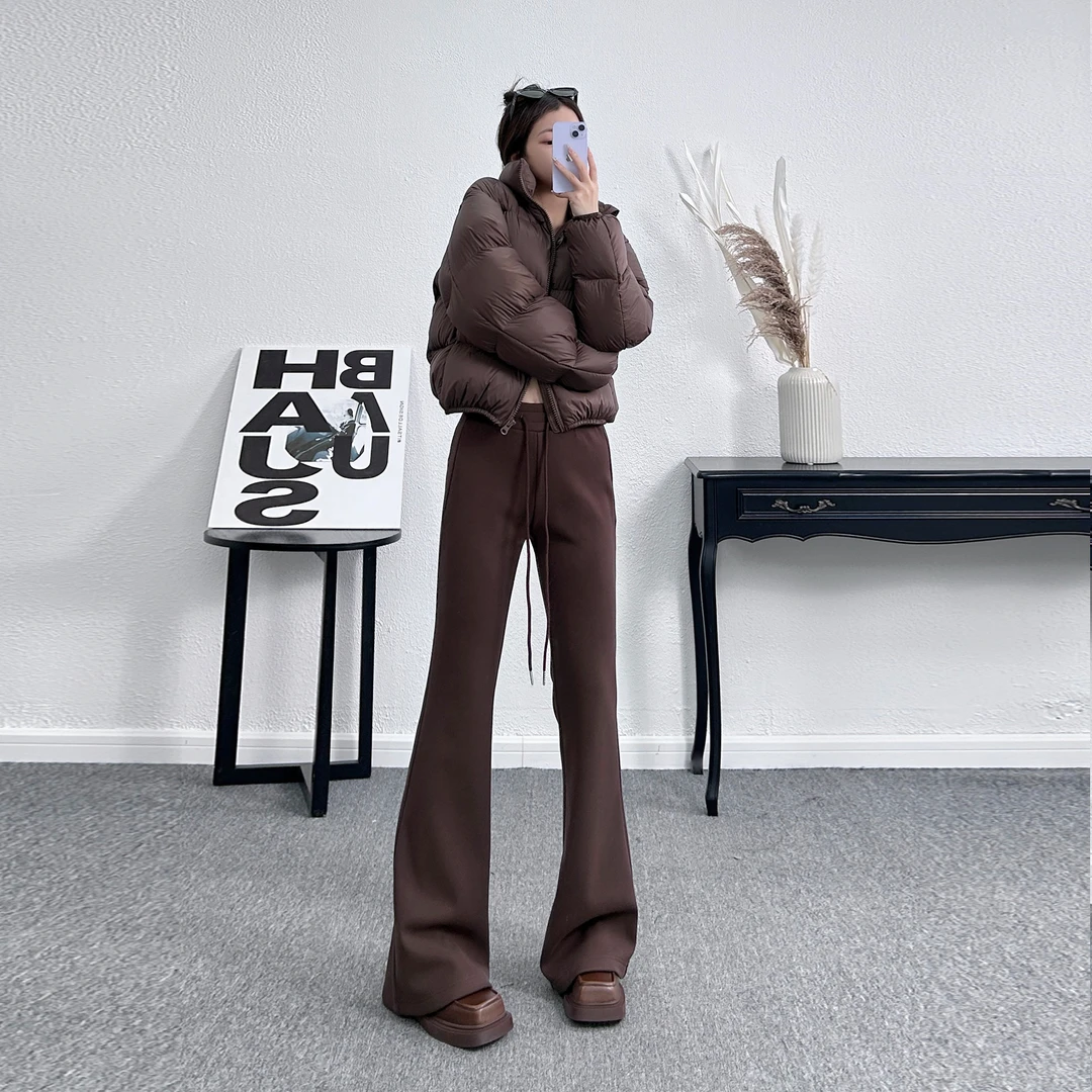 加绒加厚美式休闲毛呢微喇裤深冬季女拖地时尚高腰百搭显瘦长裤