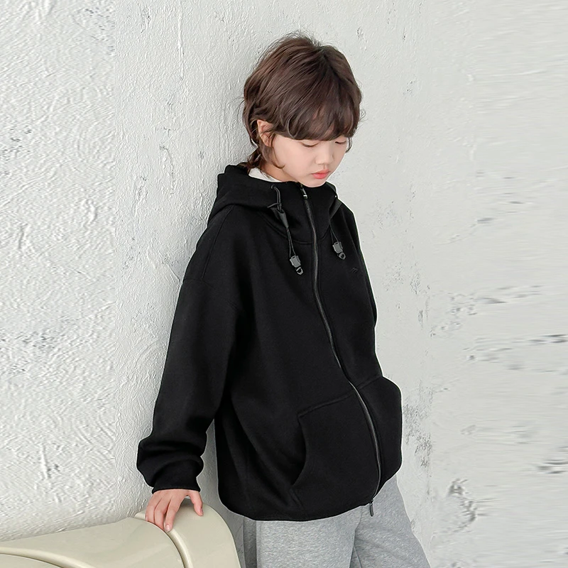 【现货】秋冬连帽加绒卫衣外套中大童青少年宽松男童2024纯色开衫冬