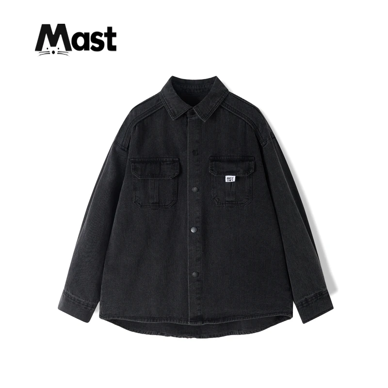 【现货】秋款中大童青少年牛仔衬衫2024黑灰衬衣男童口袋上衣秋季