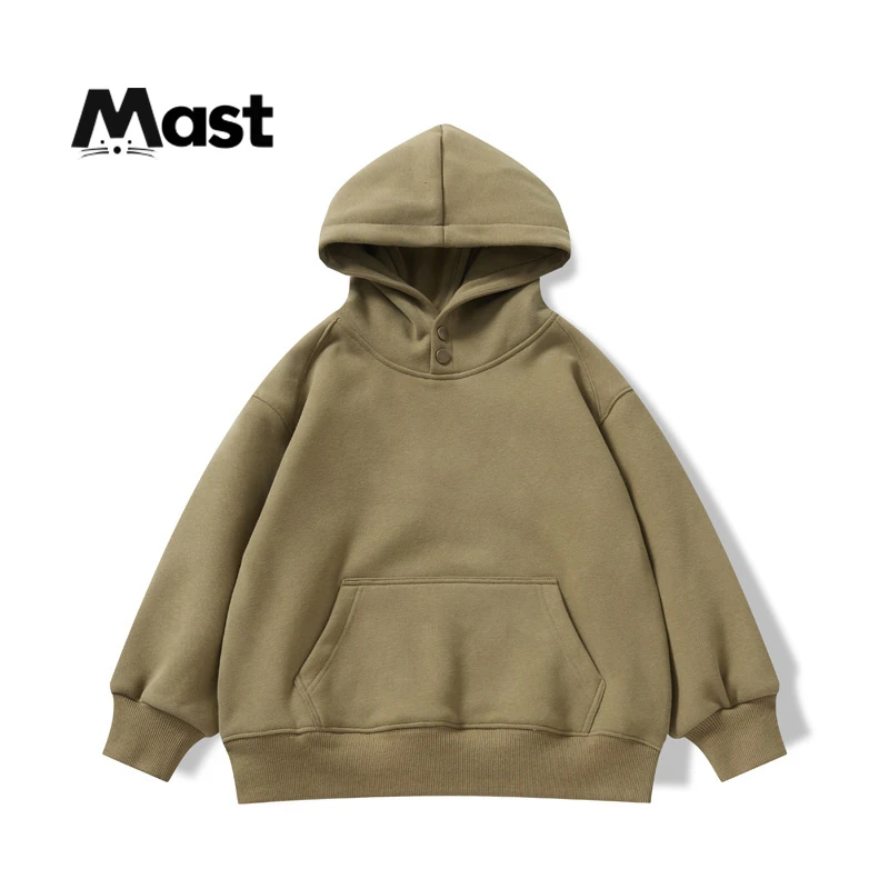 【现货】童装男童秋冬加绒连帽纽扣卫衣宽松2023新款儿童中大童上衣