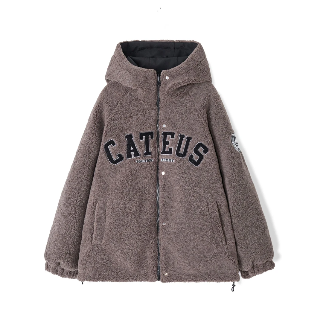 【现货】秋冬青少年中大童双面穿刺绣连帽毛毛外套保暖2024宽松开衫