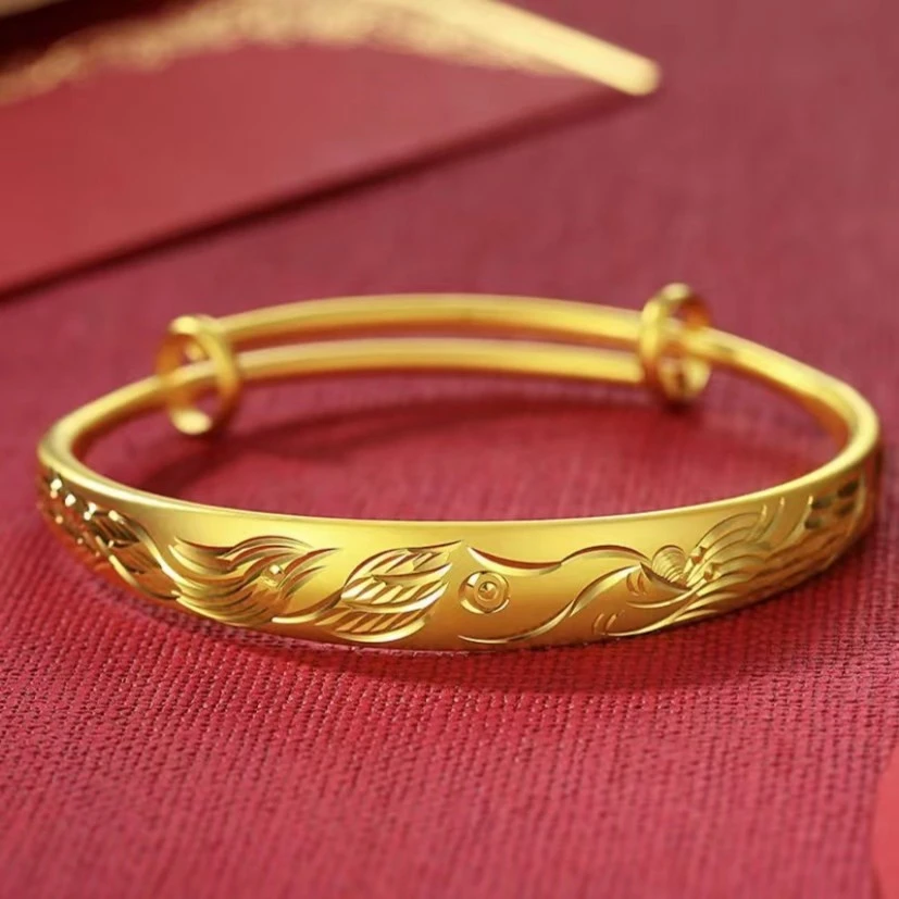 铜合金手镯铜合金手镯精美气质妈妈金色推拉口龙凤呈祥镯子首饰