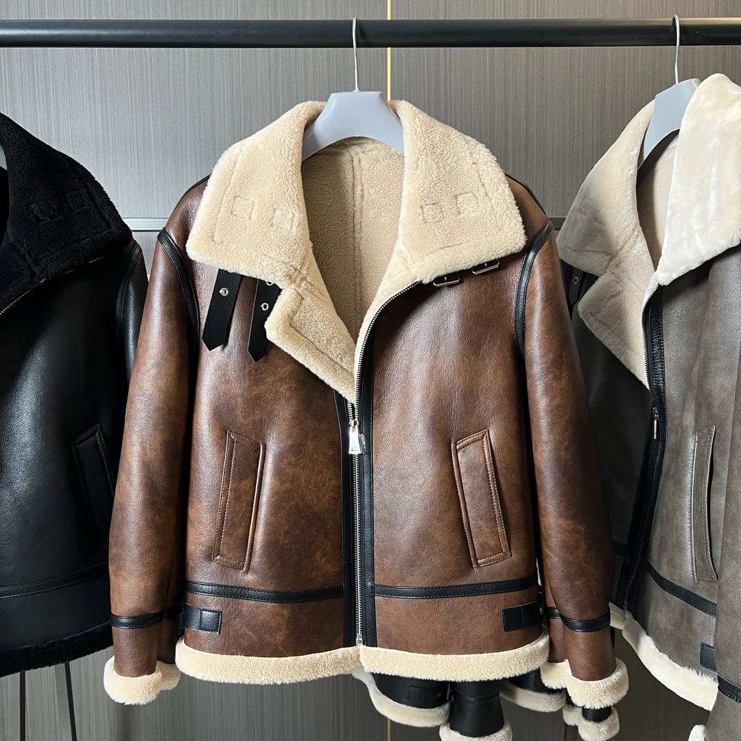 B3飞行服复古重工猎装版男士羊皮皮衣机车羊毛翻领外套