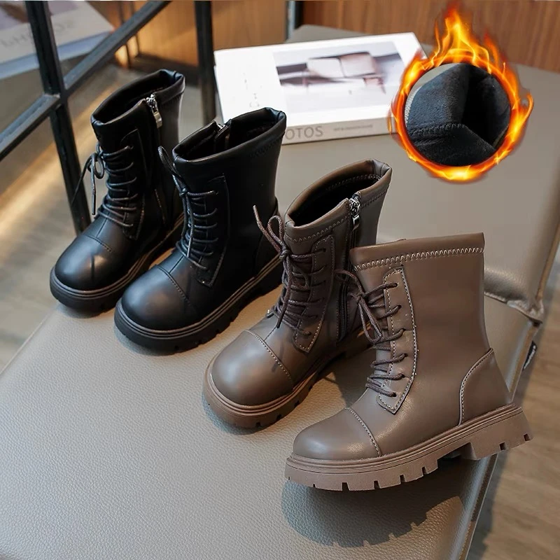 女大童靴子202年冬季新款女童加绒皮靴中大童时尚中筒靴儿童短靴