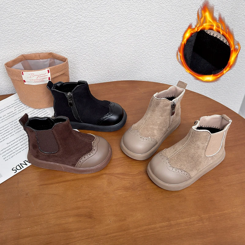 秋冬款复古女童舒适软底短靴子时尚男童时装靴儿童绒皮侧拉链皮靴