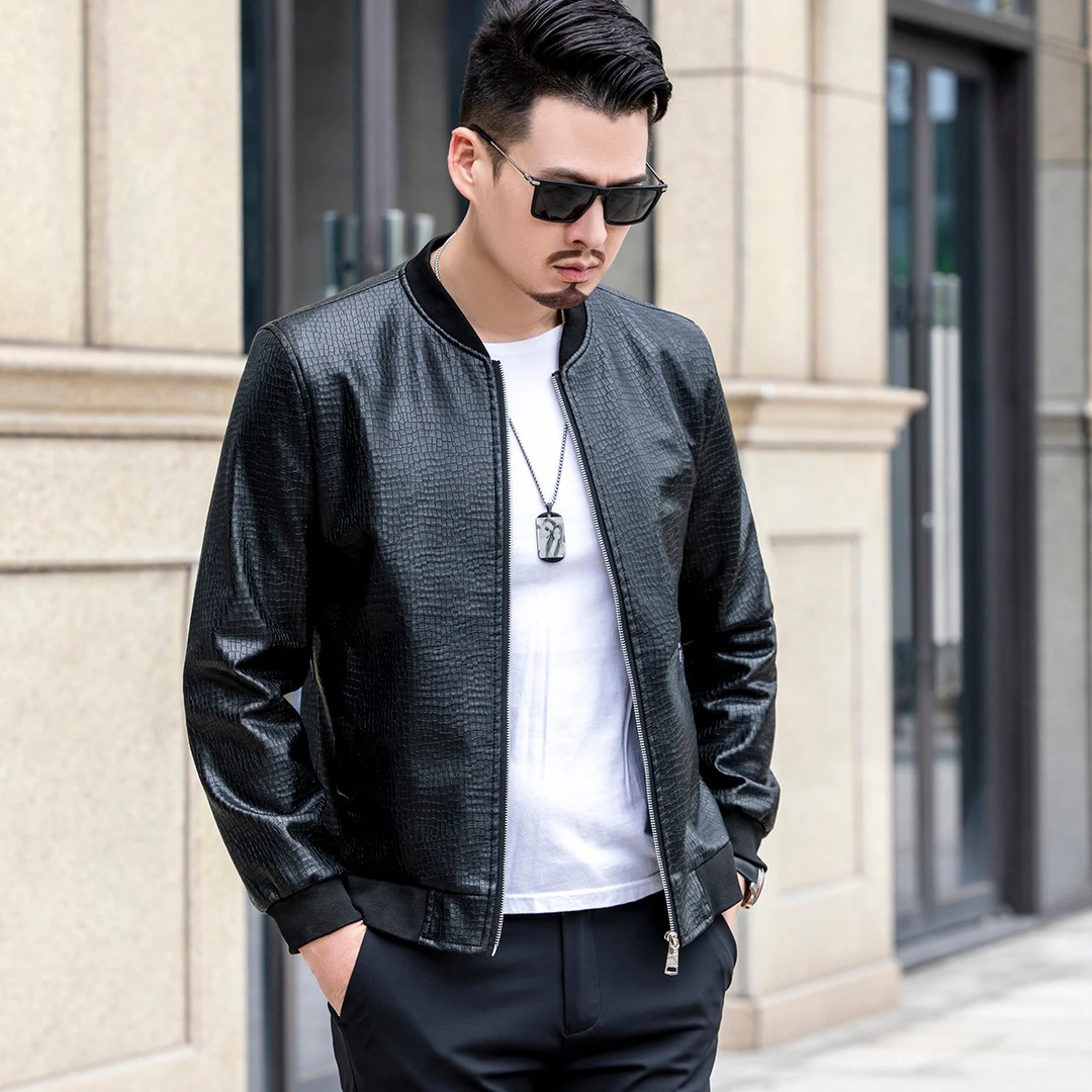 【莲姐严选】2201新款男士休闲潮流百搭加绒裂纹皮外套