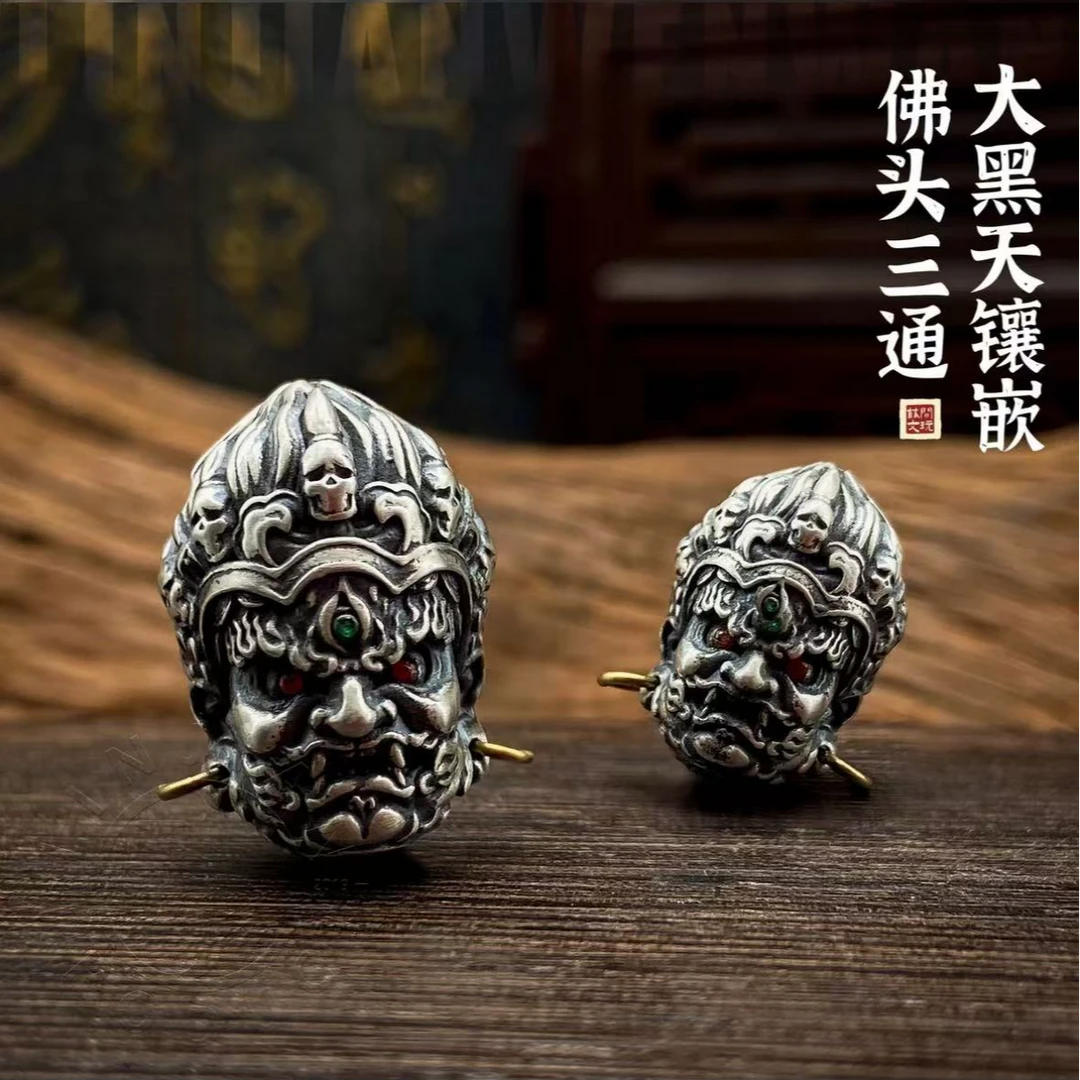 925银银制品 大黑天三通镶嵌藏式文玩星月手串猴头隔片精工银饰
