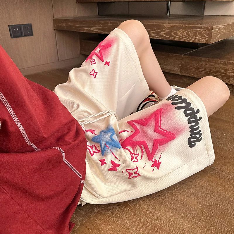 2024夏季新款港风大码发泡印花短裤宽松潮流休闲裤男百搭五分裤