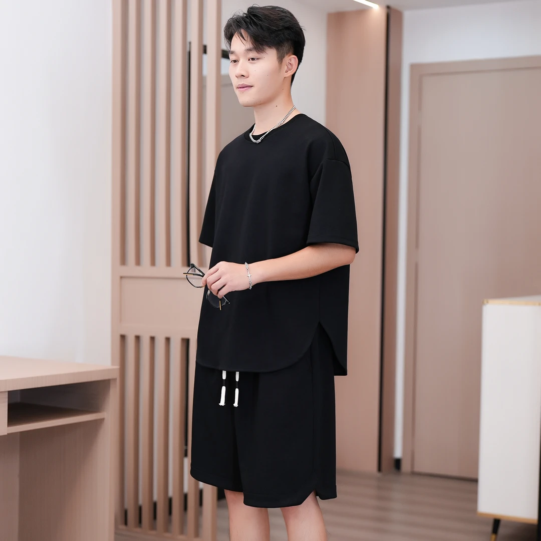 夏季休闲宽松透气短袖t恤套装男上衣百搭圆领短袖男士T恤8015