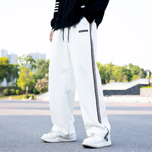夏季百搭时尚潮流高街直筒宽松男士情侣运动阔腿白色休闲裤23502