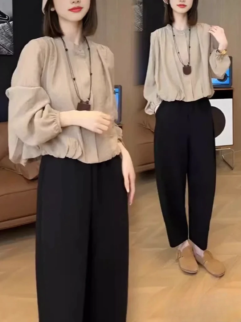 2024早秋新款设计感小众纯色衬衫女时尚设计感衬衣上衣休闲裤套装