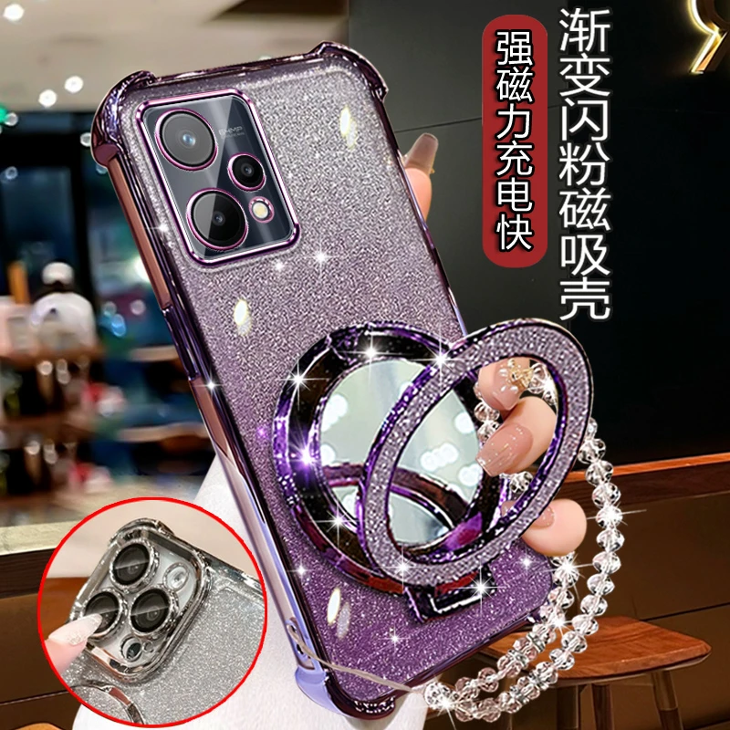 适用RealmeV25手机壳女网红四角防摔RMX3475镜头膜全包外壳带镜子