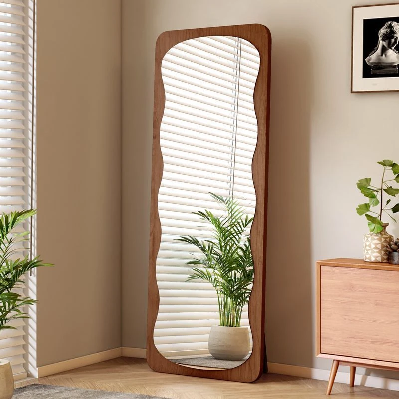 北欧实木可移动家用全身镜现代简约波浪镜卧室落地壁挂中古穿衣镜