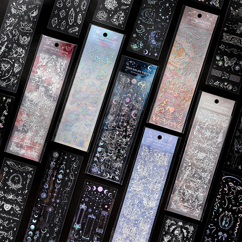 有控 镭射pet贴纸 梦幻少女心丝带星月玫瑰花手帐咕卡装饰素材贴