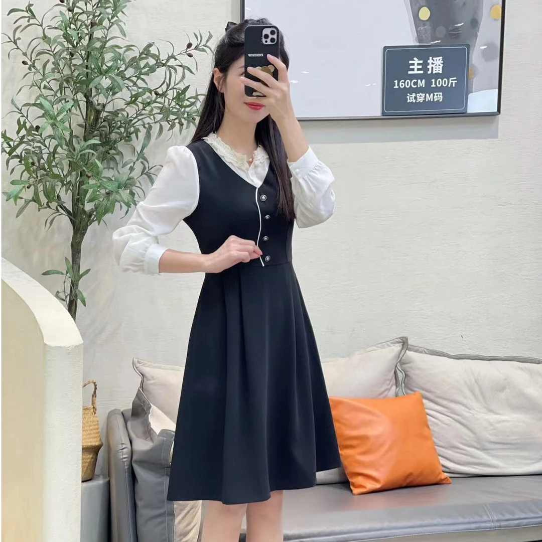 碧高作品  秋季新款时尚显瘦气质拼接假两件连衣裙