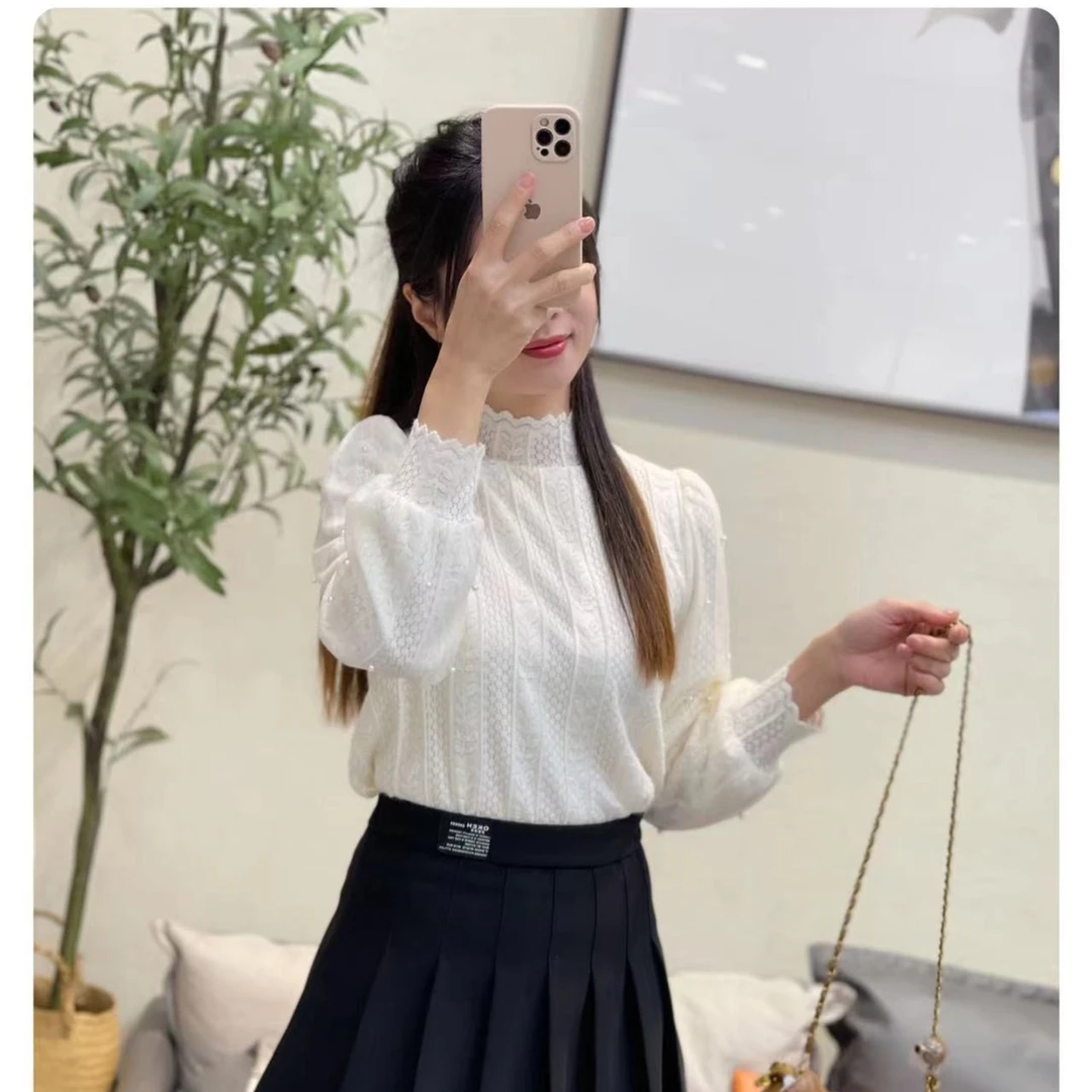 碧高作品  半高领长袖蕾丝衫时尚百搭网红圆领纯色气质女士打底