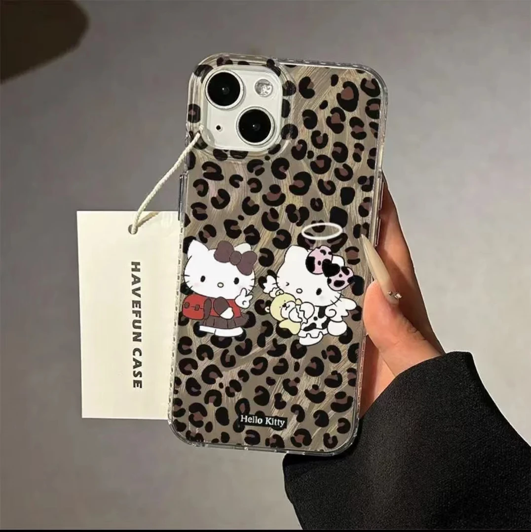【入月】网红潮牌豹纹KT猫羽毛手机壳透明大孔不包摄像头
