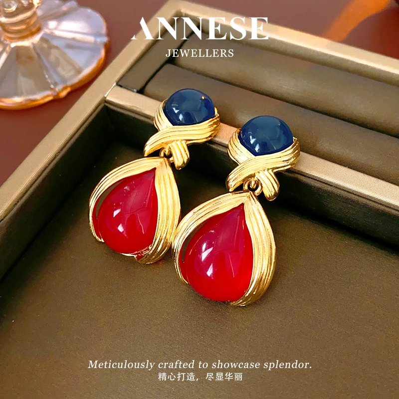 合金树脂耳饰 轻奢中古水滴耳饰时尚法式树脂高级感耳钉耳饰H146