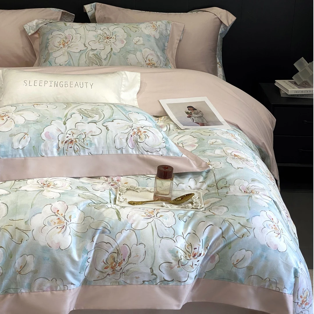 林小花【春浅全棉床单四件套】- 四件套欧式轻奢款全棉印花床单款