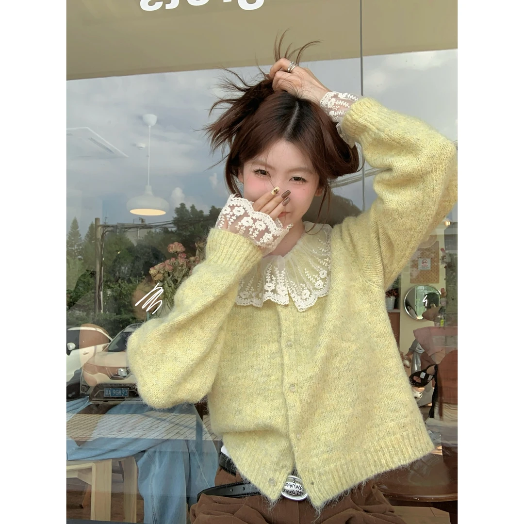 秋冬韩版减龄蕾丝拼荷叶领甜美北极绒针织开衫上衣外套
