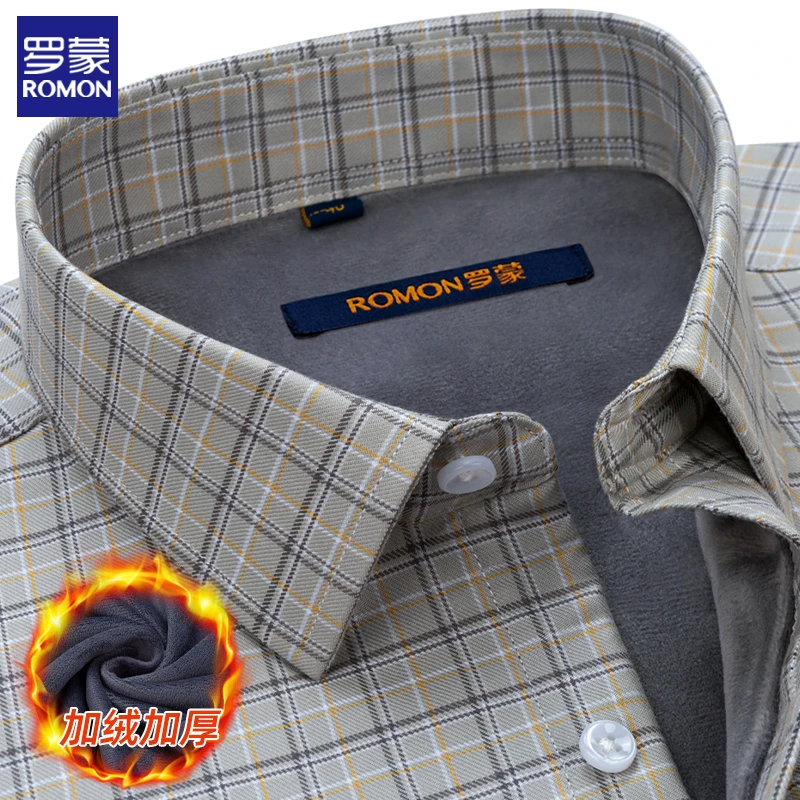 罗蒙冬季新品中年加绒保暖打底长袖衬衣时尚百搭格子纯棉男士衬衫