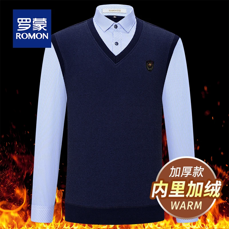 罗蒙商务休闲爸爸打底假两件加厚保暖男士毛衣秋冬新款条纹针织衫