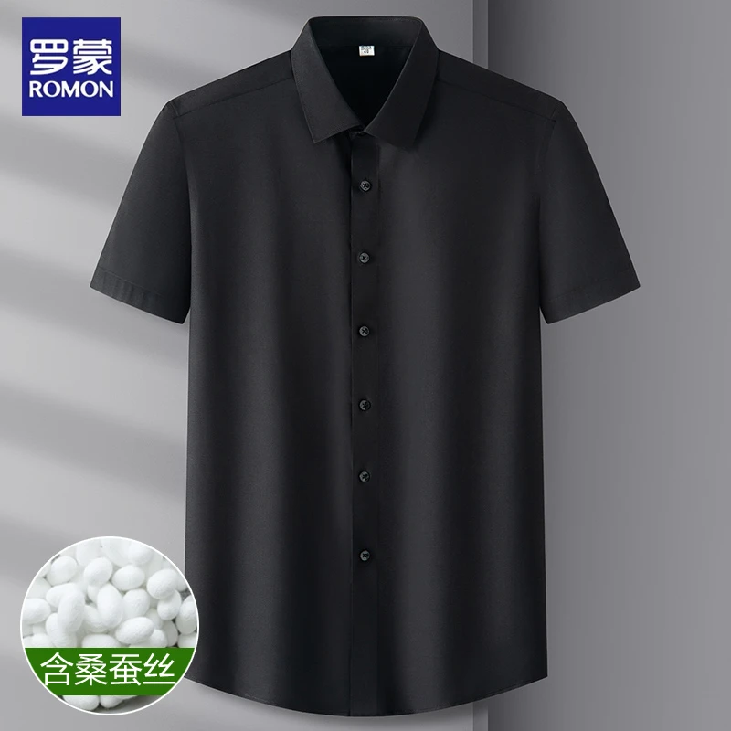 【含桑蚕丝】罗蒙男士黑色衬衫夏季短袖大码商务中青年遮肚腩衬衣