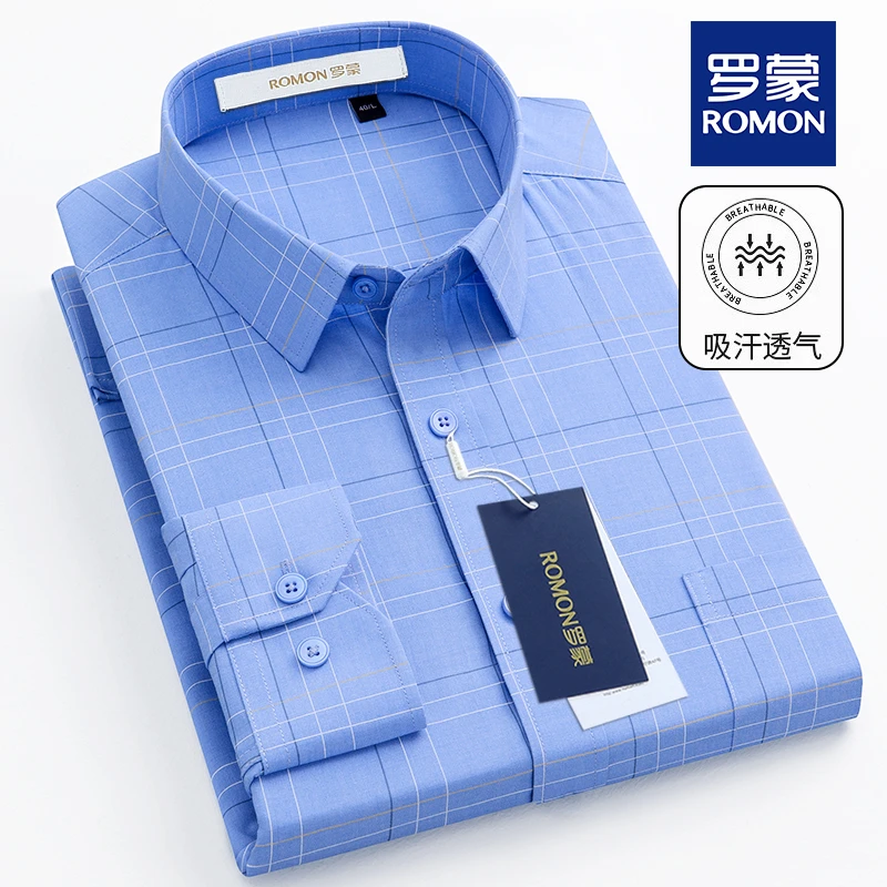 罗蒙高端男士秋季新款长袖衬衫中年透气抗皱商务职业格子百搭衬衣
