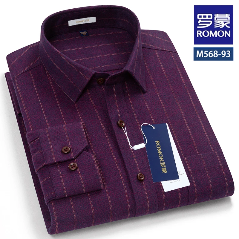 罗蒙中老年爸爸深红色纯棉条纹长袖衬衫爸爸装高级感磨毛衬衣外套