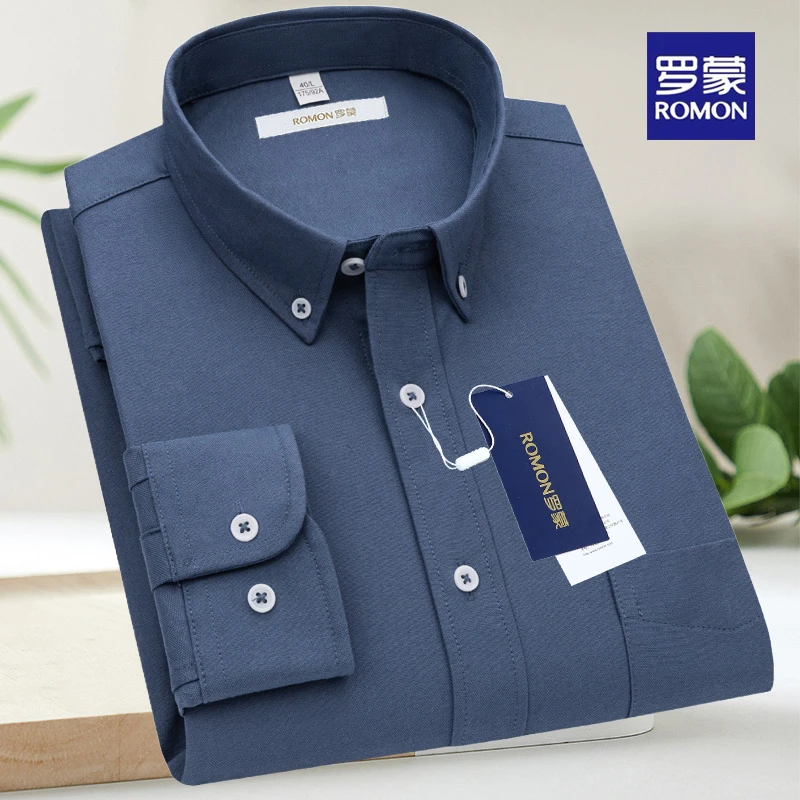 罗蒙新款正品中老年休闲男士爆款衬衫纯棉牛津纺职业工装长袖衬衣