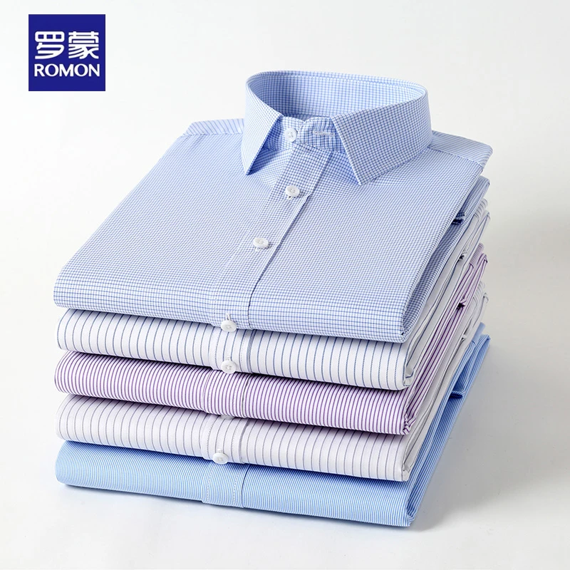 罗蒙新款冰丝工装衬衫商务休闲男士条纹高档修身长袖格子薄款衬衣