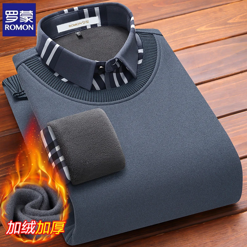 罗蒙商务保暖线衣网红新款爆款高档男款加绒加厚针织衫衬衫领毛衣