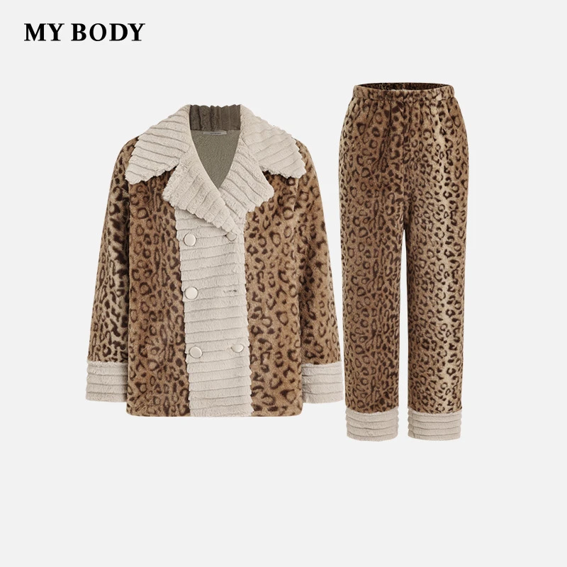 mybody豹纹印花双排扣开衫家居服套装