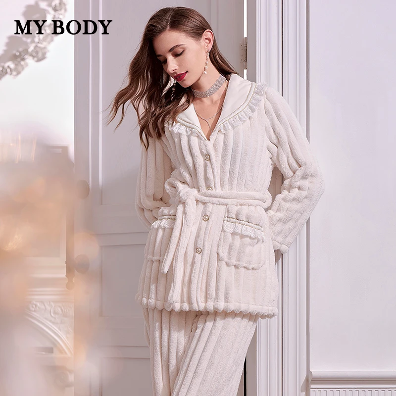 商场同款MYBODY新款冬季睡衣女法兰绒保暖外穿家居服套装