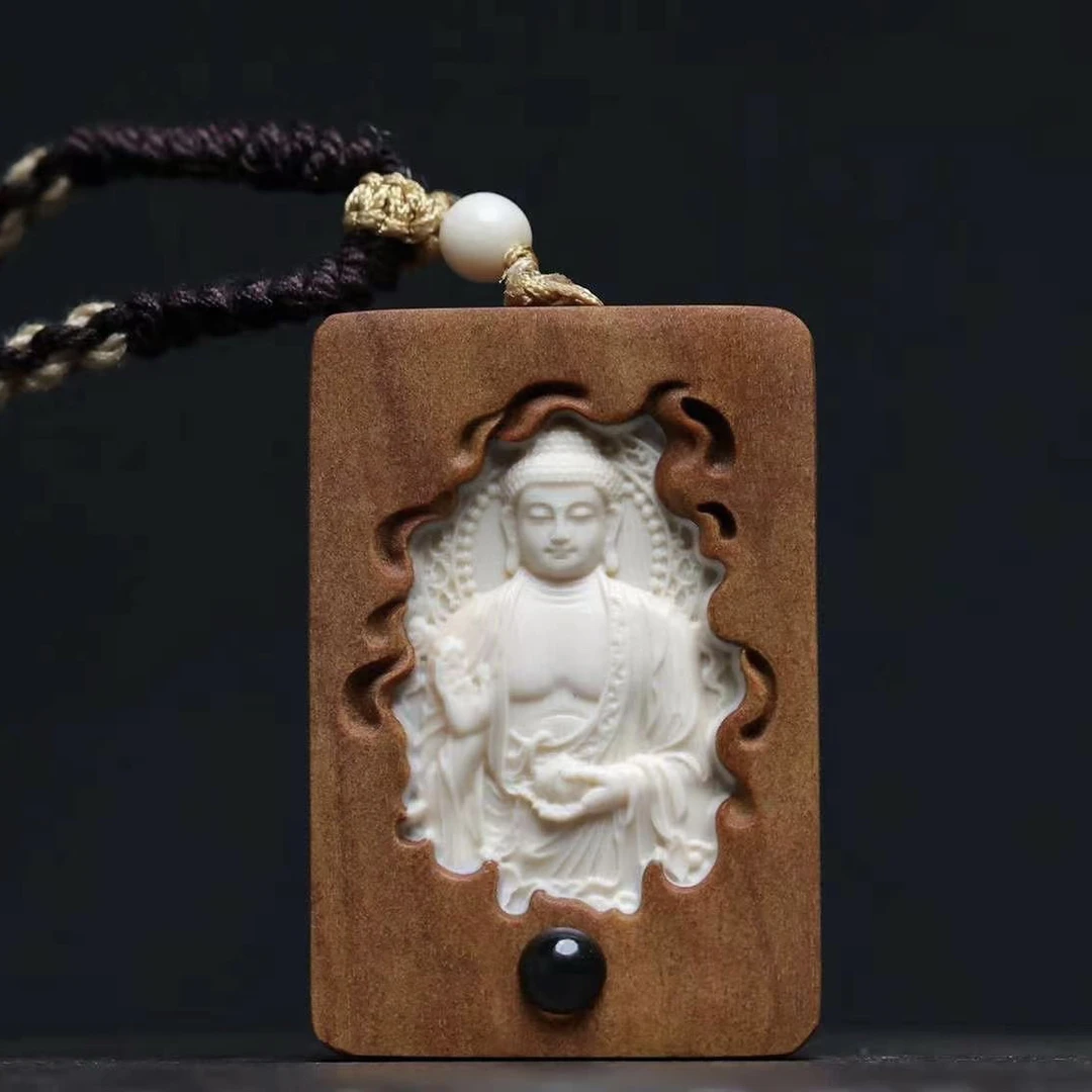 H004天然猛犸牙搭配老山檀 阿弥陀佛 猪狗 吊坠牌子约29x43x9mm