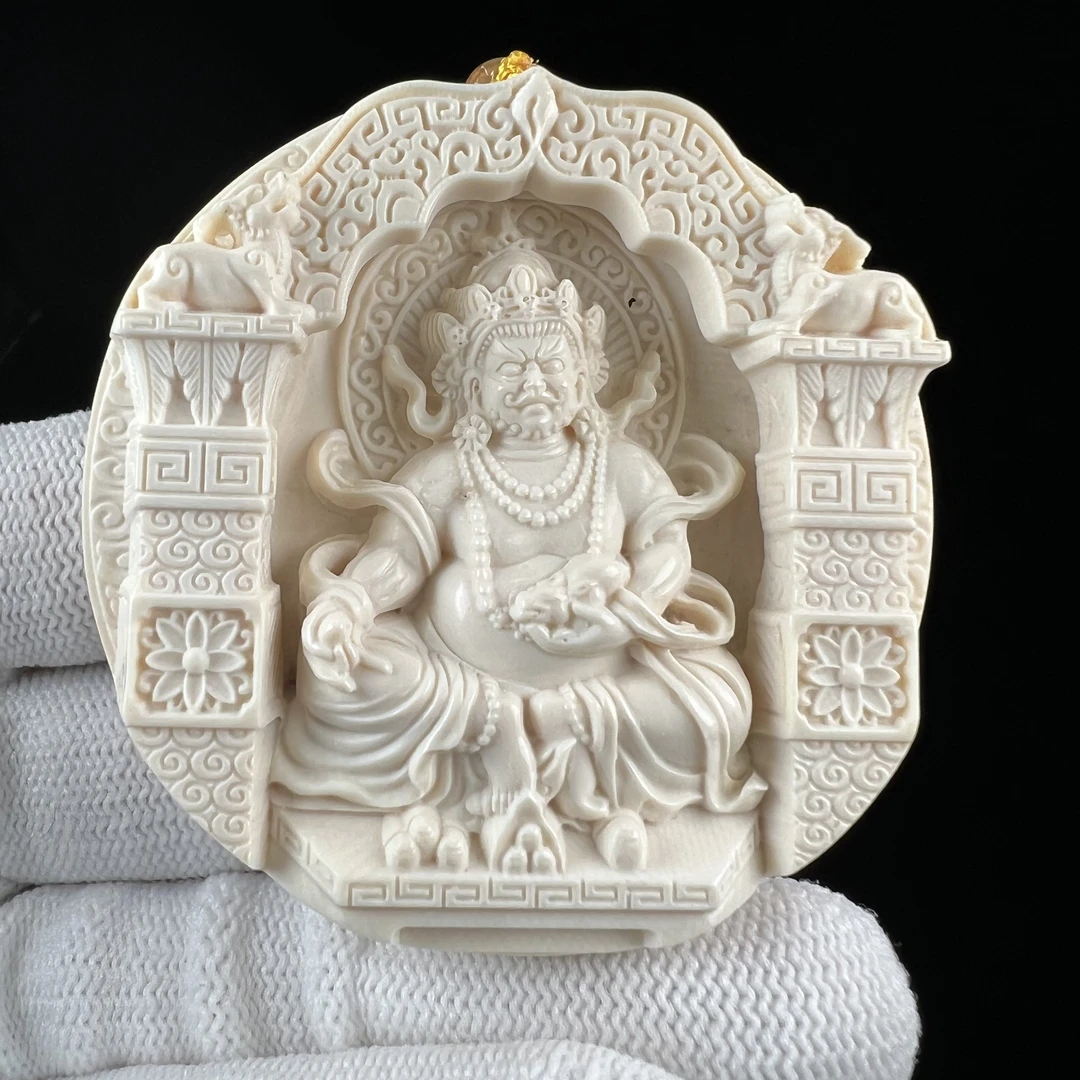 K7775天然猛犸牙 雕刻牌黄财神58*14mm支持鉴定 假一罚四