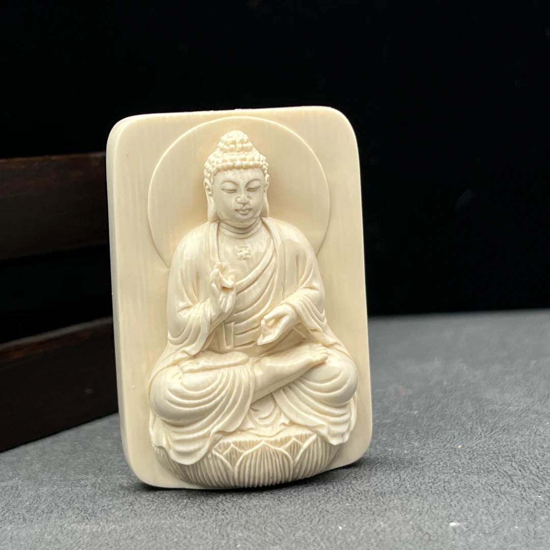 K5037天然猛犸牙 雕刻阿弥陀佛牌36*53*18mm支持鉴定 假一罚四
